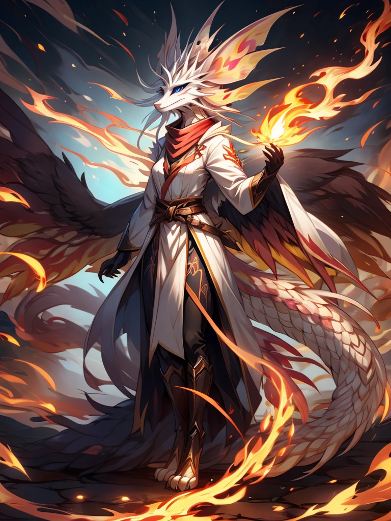 (female)(model mizutsune) Furry, black fox, fur, fluffy fur,red Horns,white sclera, blue light eyes, white hair, long teil hair, mizutsune girl black body,phoenix wings, light red Flame pattern,long white coat,long Flame scarf, , Flame stockings, holding a long Sword,phoenix fire effect