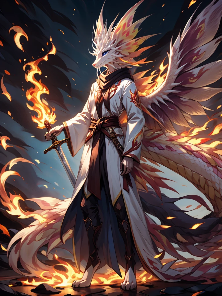 (female)(model mizutsune) Furry, black fox, fur, fluffy fur,red Horns,white sclera, blue light eyes, white hair, long teil hair, mizutsune girl black body,phoenix wings, light red Flame pattern,long white coat,long Flame scarf, , Flame stockings, holding a long Sword,phoenix fire effect