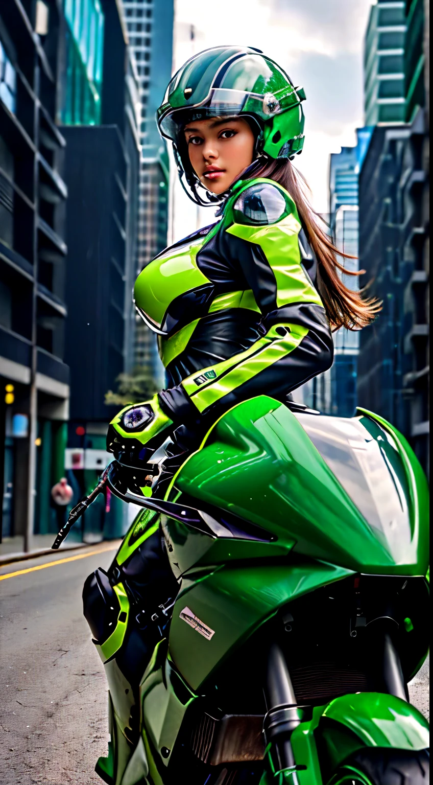 1girl in、Delicate and beautiful facial features、light make-up、Exquisite jewelry and necklaces、Delicate technology leather jacket with short upper body、Ultra mini skirt in delicate technical leather at lower body、Sitting on a green high-tech bike、flaxen ponytail、With smiling eyes、bare shoulders、Shows perfect curves and plump buttocks behind them、 Background Special Effects Neon、colourfull、colourfull、Highlight green motorcycle and girl、White panty、Top image quality、masterpiece、hight resolution、Complex motorcycle details、Emphasis on the creation of future technologies、Facial features are clear and not blurred,、Normal human finger、