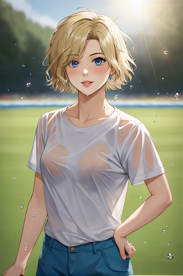 (Masterpiece), cowboy shot,8k wallpaper, solo, realistic anime, Watanabe you, standing, yellow crop top, short sleeves, pink pants,thighs, holding umbrella, sunny day,blue eyes, beautiful detailed face and eyes