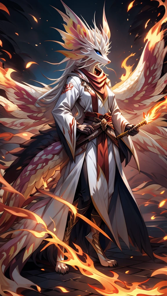 (female)(model mizutsune) Furry, black fox, fur, fluffy fur,red Horns,white sclera, blue light eyes, white hair, long teil hair, mizutsune girl black body,phoenix wings, light red Flame pattern,long white coat,long Flame scarf, , Flame stockings, holding a long Sword,phoenix fire effect