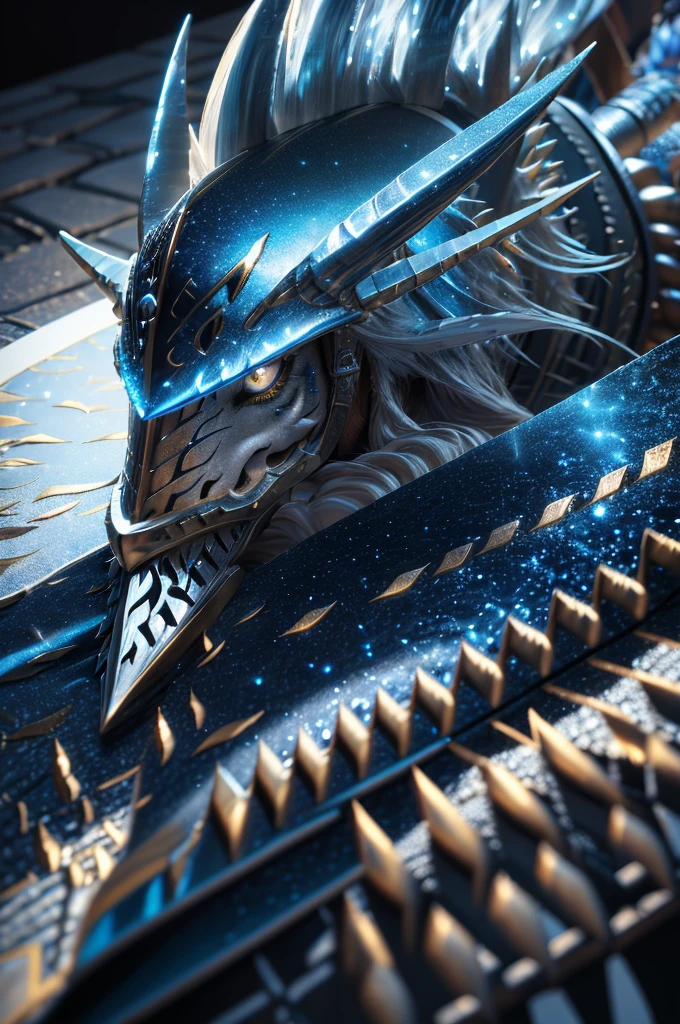 cosmic long-haired dragon, wearing silver armor, metallic teeth, sharp blade tail, white eyes, blue skin and scales, fantasy, detailed, cinematic lighting, hyper detailed, 8k, photorealistic, masterpiece, award winning, dramatic composition, volumetric lighting, intricate textures, striking colors, elegant design, powerful presence
