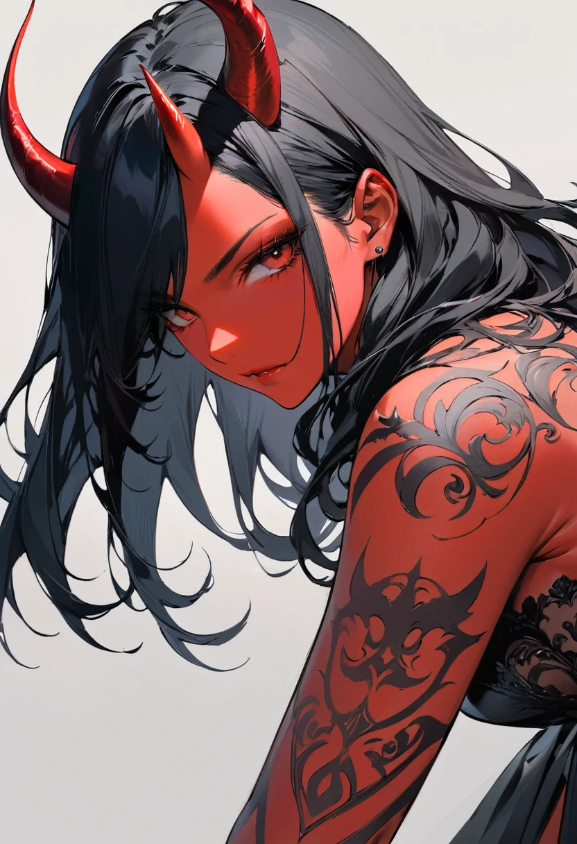 (masterpiece, best quality),Close-up illustration of face,concept art, intricate details. BREAK (Beautiful black hair and red skin devil,devil horn,he is facing forward),simple background,