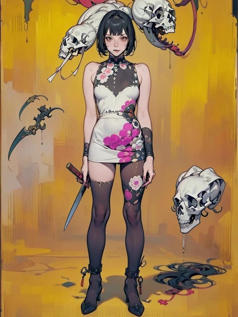 (masterpiece), (High resolution), (Full body portrait), （Cyberpunk）、White bowl cut、Sleeveless white dress with skull pattern、 Dark atmosphere, Flat illustration, Creepy Appearance, Distinctive hairstyle, Creative accessories, Unique atmosphere,A Little Nightmare、Holding a knife in both hands
