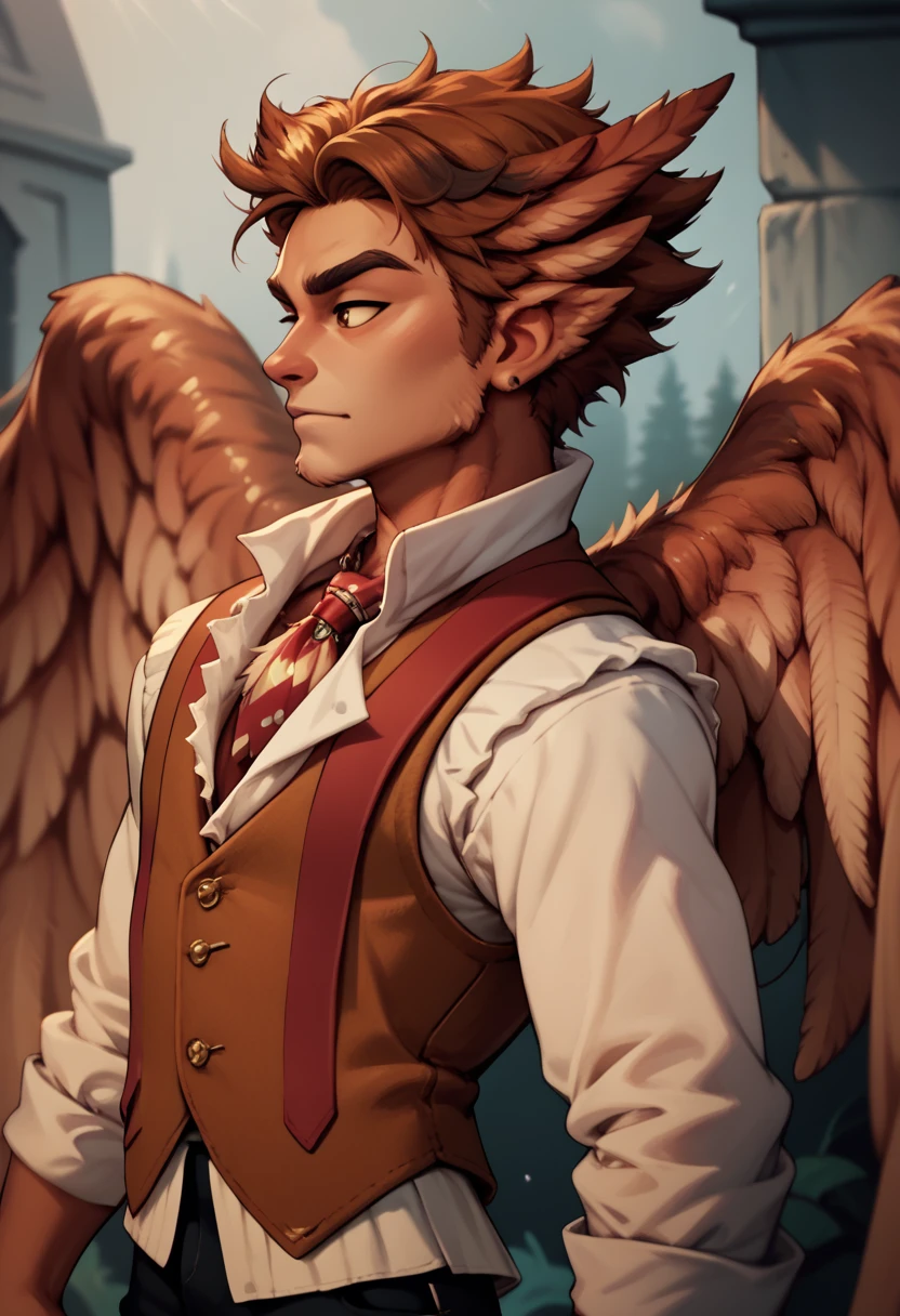 masterpiece, 1boy, herneval, feathered, wings, vest, upper body, side view