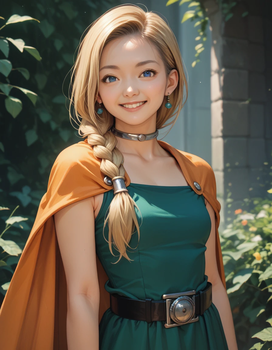 (Photorealistic:0.8)extremely detailed(Bianca:0.8)asian,blue eyes,blonde hair,single braid,hair over shoulder,earrings,choker,orange cape,green dress,belt,smile