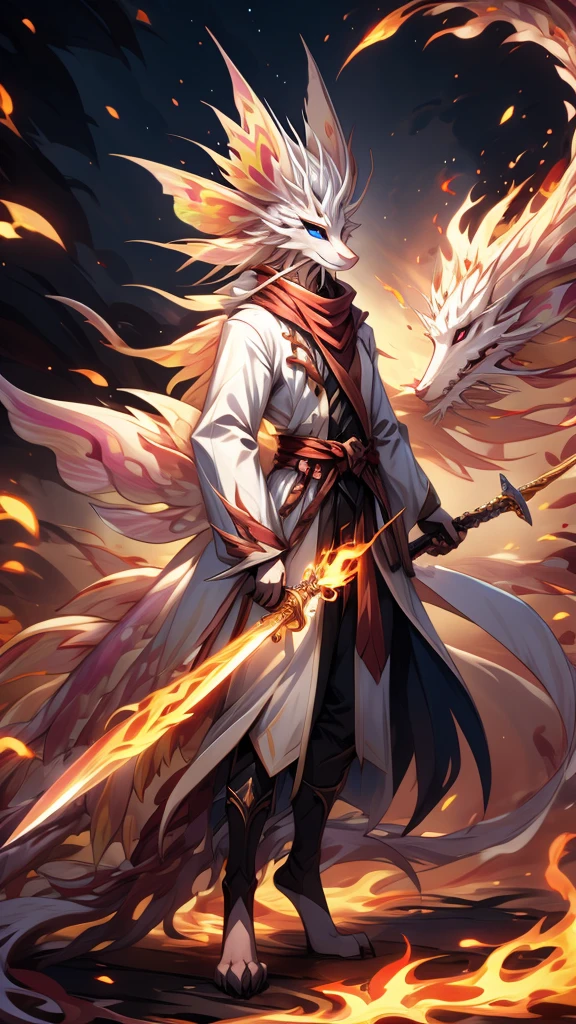 (female)(model mizutsune) Furry, black fox, fur, fluffy fur,red Horns,white sclera, blue light eyes, white hair, long teil hair, mizutsune girl black body,phoenix wings, light red Flame pattern,long white coat,long Flame scarf, , Flame stockings, holding a long Sword,phoenix fire effect