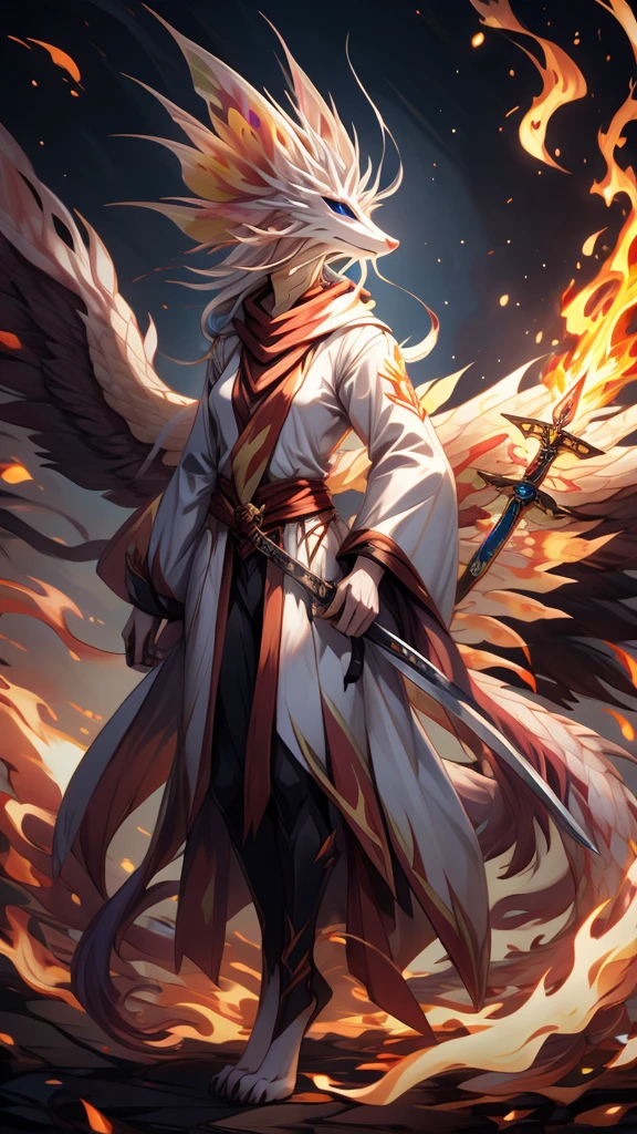 (female)(model mizutsune) Furry, black fox, fur, fluffy fur,red Horns,white sclera, blue light eyes, white hair, long teil hair, mizutsune girl black body,phoenix wings, light red Flame pattern,long white coat,long Flame scarf, , Flame stockings, holding a long Sword,phoenix fire effect