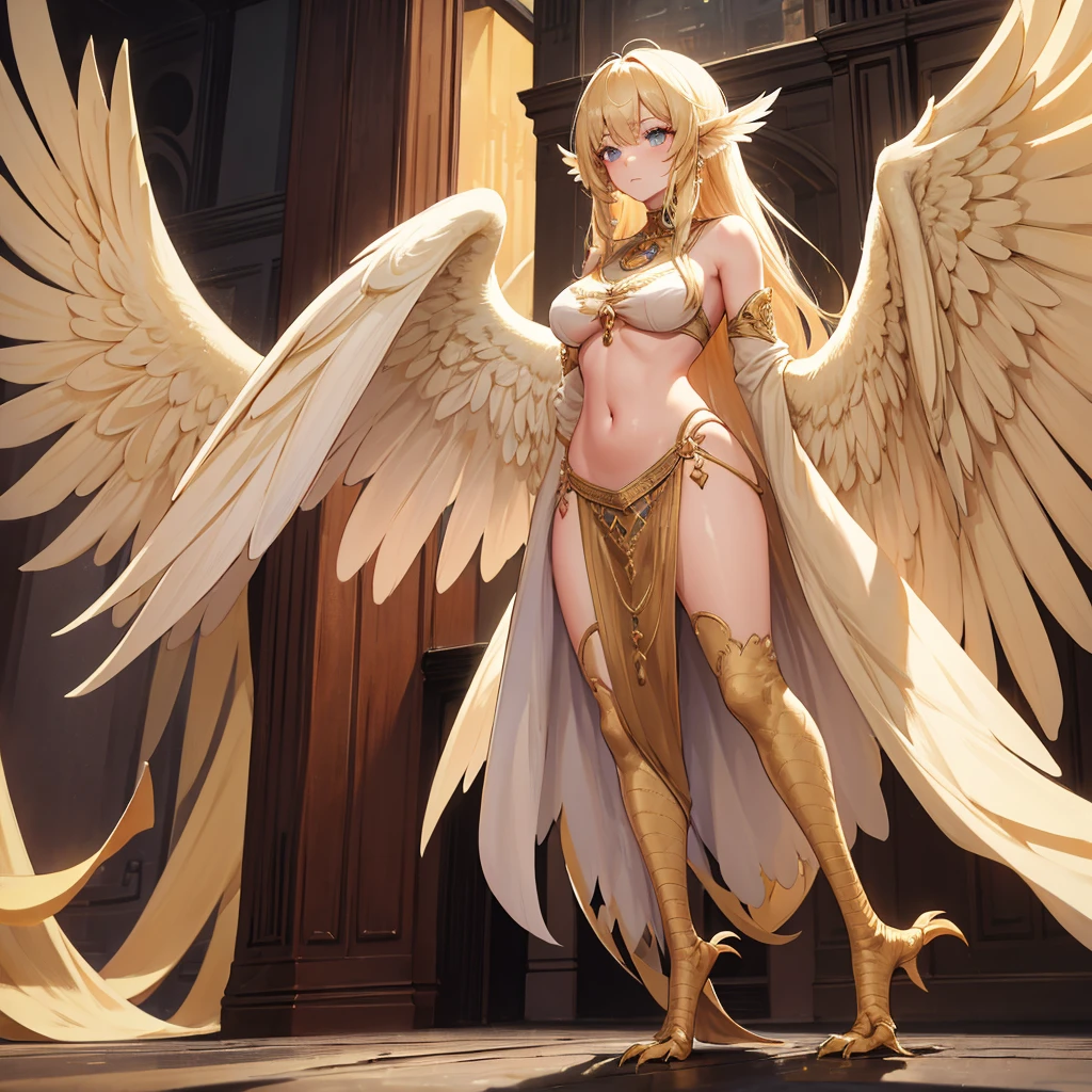 4K,High resolution,One Woman,Harpy,Full Body Lesbian, Toenails,, Big Wings,Cream colored hair,Long Hair,Arabian dancer dress,Vomiting from the navel