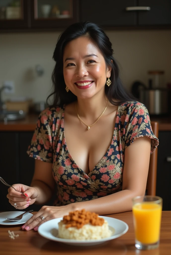 Full shot of a black haired indian womanwith a big smile and big boobs eating a burger , realistic light, dynamic pose, shot on kodak gold 400
