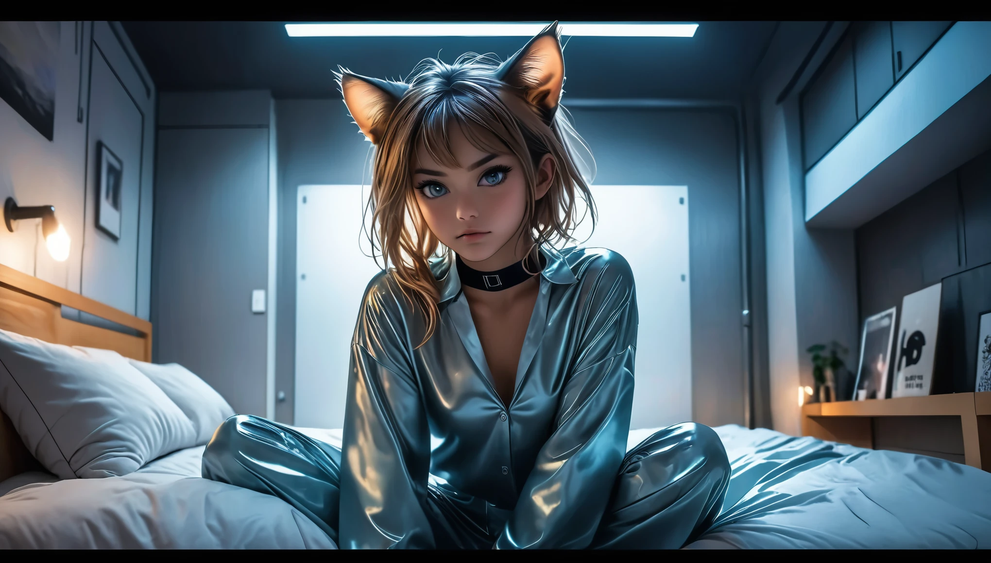 ((barely legal cat girl, with cat ears and choker, ((in an shiny open puffer with plunging neckline, wide cleavage, deep neckline)), small perky breasts, beautiful detailed eyes, beautiful detailed lips, small closed mouth, extremely detailed face, pale skin, random long hairstyle, small hips, next to a bed with silk sheets, fear on the face)), moody atmosphere, dramatic and random neon colors, futuristic setting, intricate details, night, backlight, full body shot, view from a distance, random pose