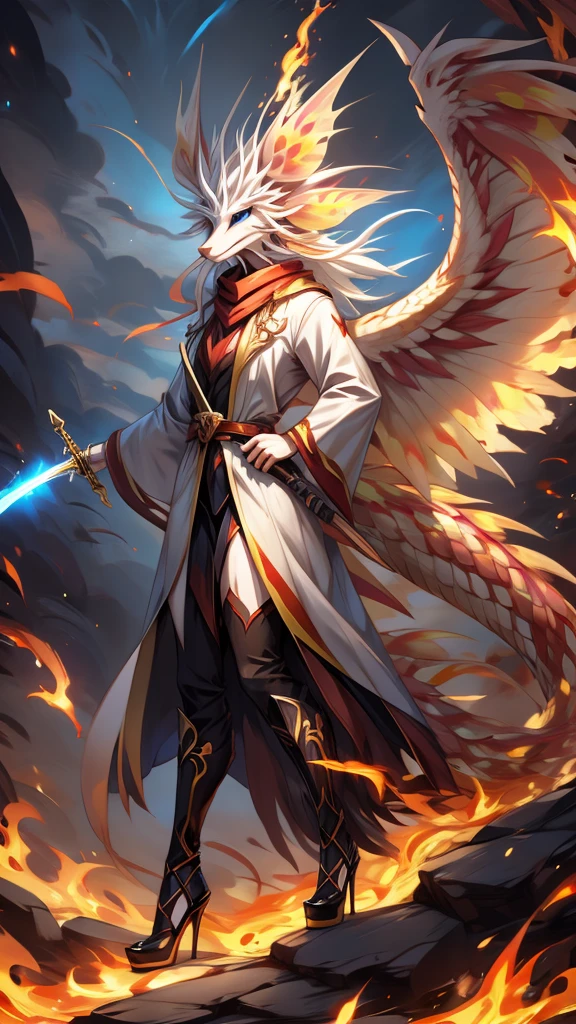 (female)(model mizutsune) Furry, black fox, fur, fluffy fur,red Horns,white sclera, blue light eyes, white hair, long teil hair, mizutsune girl black body,phoenix wings, light red Flame pattern,long white coat,long Flame scarf, , Flame stockings,Fire pattern high heels, holding a long Sword,phoenix fire effect