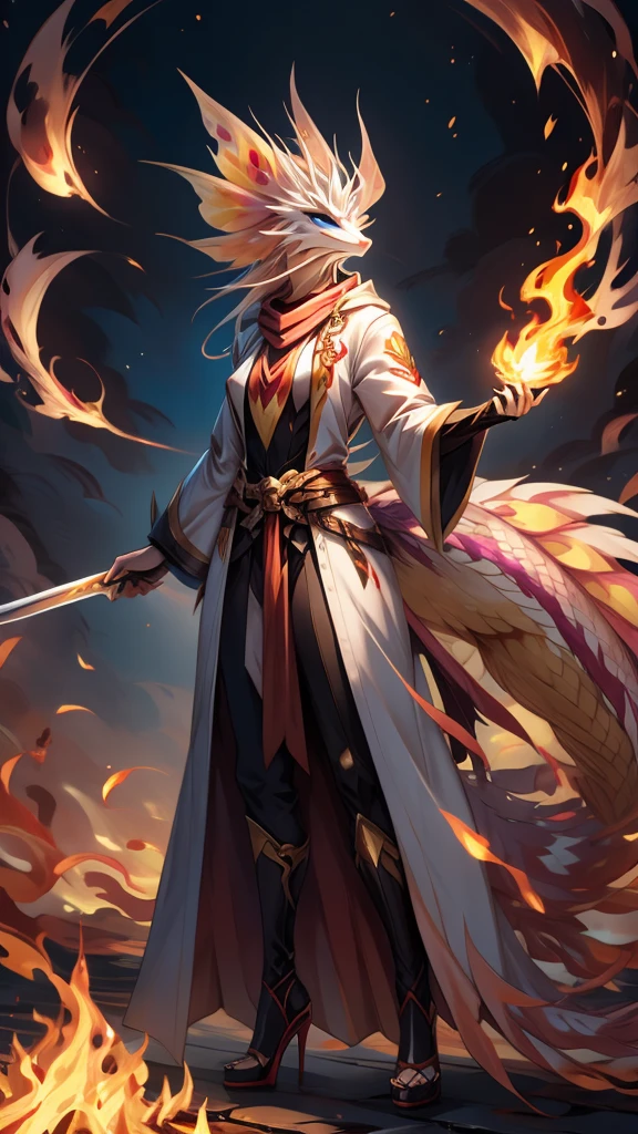 (female)(model mizutsune) Furry, black fox, fur, fluffy fur,red Horns,white sclera, blue light eyes, white hair, long teil hair, mizutsune girl black body,phoenix wings, light red Flame pattern,long white coat,long Flame scarf, , Flame stockings,Fire pattern high heels, holding a long Sword,phoenix fire effect