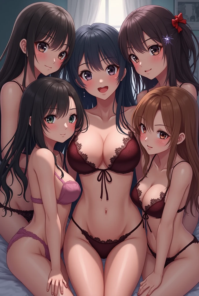 a group of girls, naked and showing of their tits. One of them sucks a cock while the others watch her