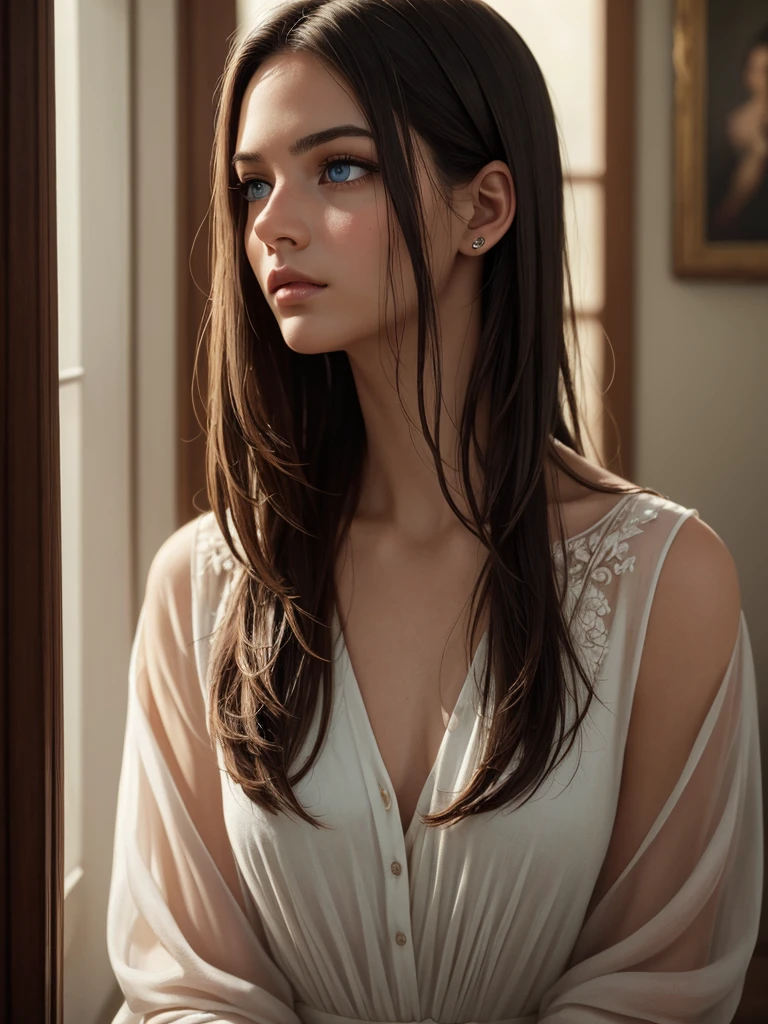 a beautiful young woman, long dark hair, piercing blue eyes, delicate facial features, serene expression, elegant posture, detailed portrait, oil painting, masterpiece, intricate details, dramatic lighting, warm color palette, cinematic composition, photorealistic, highly detailed, 8k, exquisite, breathtaking, cinematic, dramatic, elegance, natural beauty, portrait, female figure, introspective, pensive, thoughtful, mesmerizing