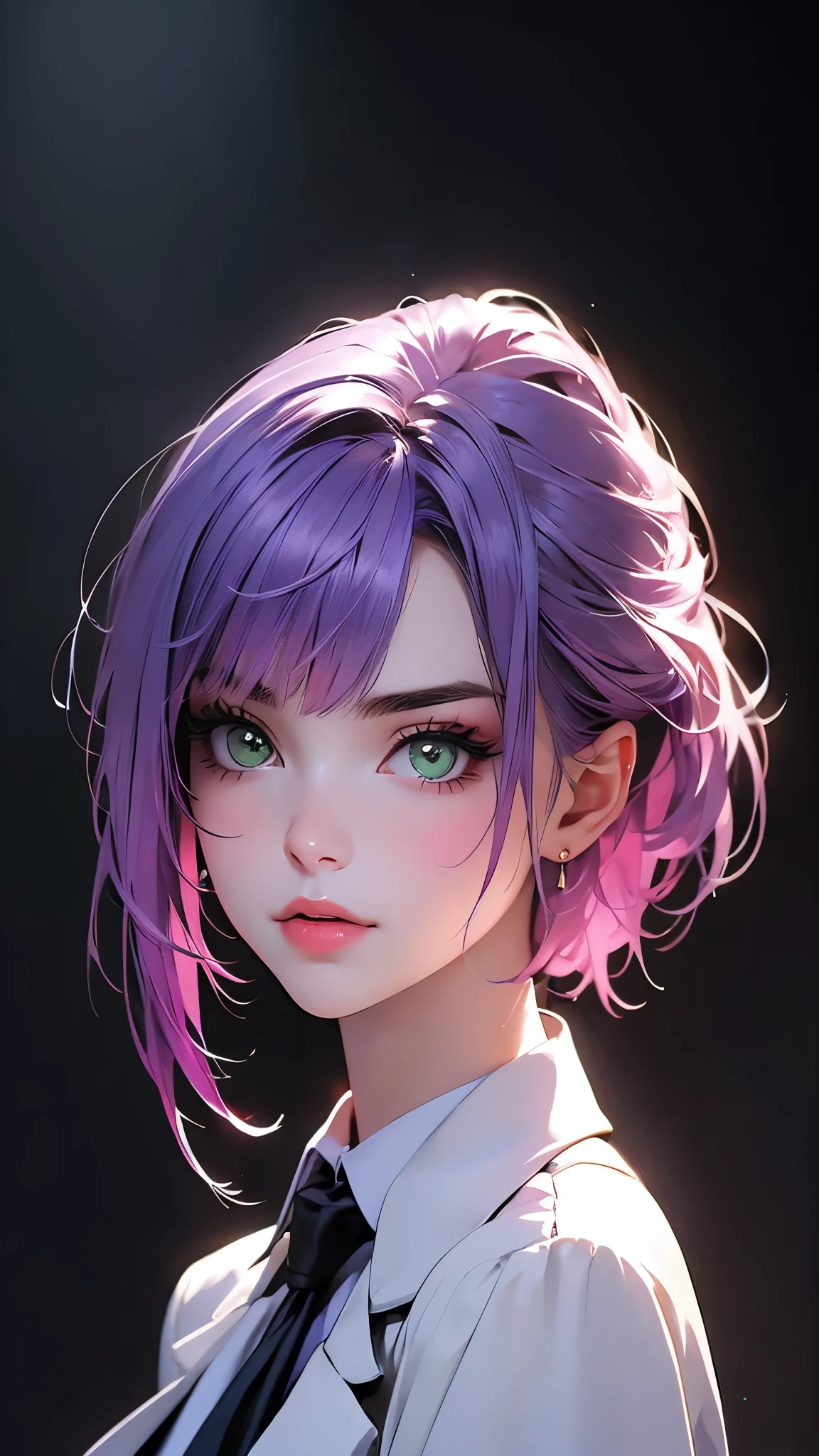 ((Masterpiece)), envision a 8k, highres, cinematic, extremely beautiful semi realistic close up portrait of a strong mature lady with a slender body, purple hair, side locks, strong face, slender face, long sweeping bangs, green eyes, soft lips, lip gloss, thick eyebrows, round face, white shirt, black tie, horns, trench coat, ((((1girl)))), in dark lighting, against a dark gray background