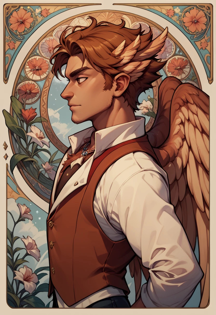 masterpiece, art nouveau, 1boy, herneval, feathered, wings, vest, upper body, side view