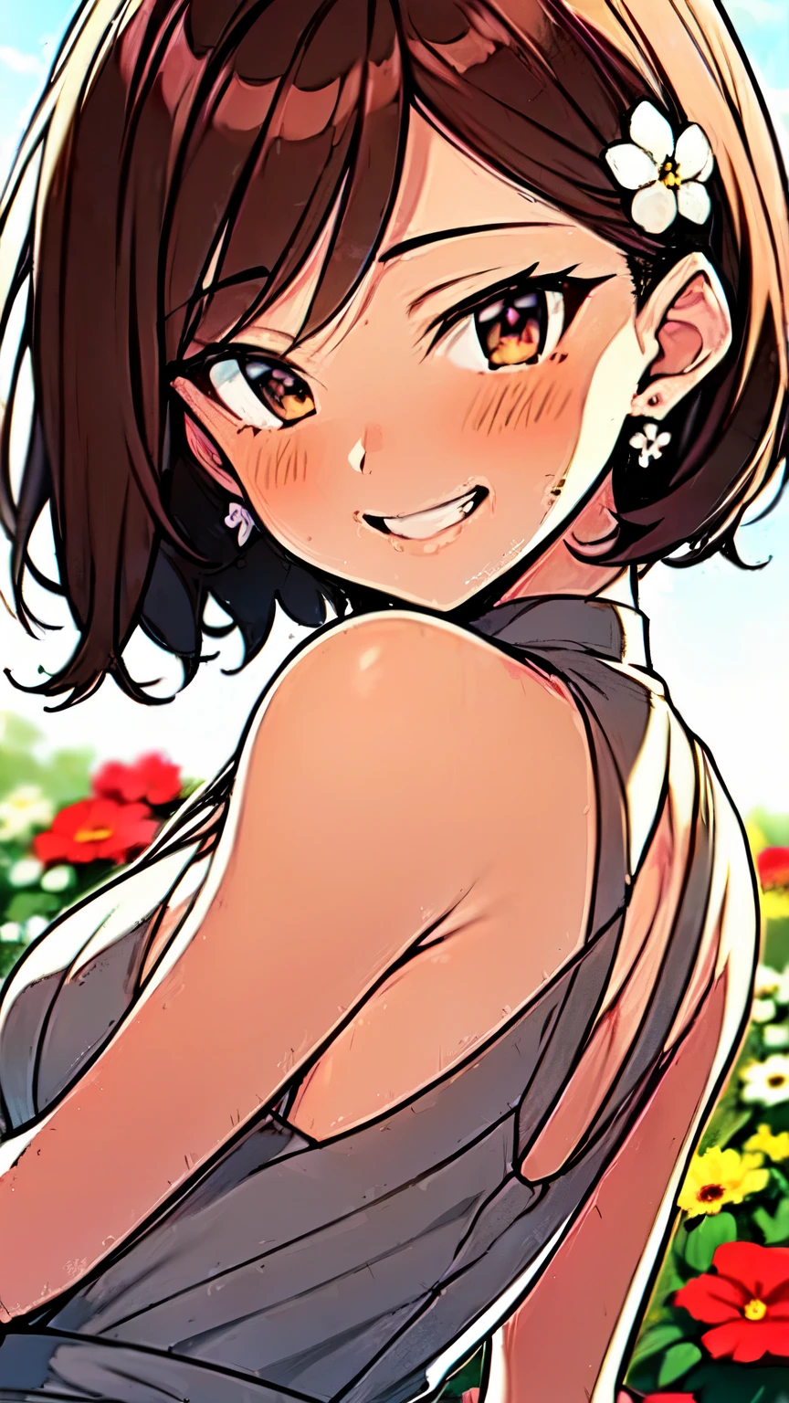 １People Girls、(Brown hair short cut)、Wet Hair、Beautiful brown hair、Keep your head small、Perfect Face、Shiny skin、Clear brown eyes、Slightly chubby、Small breasts、buttocks are small、(((Teasing Smile)))、
Let's think step by step,Best Quality、masterpiece、 Ultra-high resolution 、8k、Show anime style 、Soft Line Art、Digital Enhancement、 shojo anime touch, shojo manga core, Flowing fabric、Soft Drawing、 Ultra-detailed digital anime art、 Clear facial depiction、Super detailed shojo manga character art、 Ultra-detailed manga style、 Best Qualityの色
(Flower Field、Great outdoors、Flower Garden Scenery、She is in a good mood surrounded by flowers、Botanical print long dress、An angle that shows from head to waist)