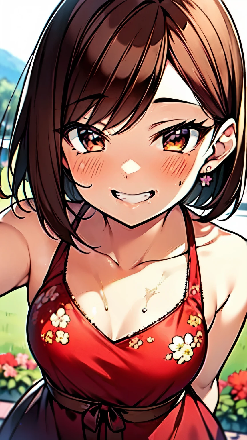 １People Girls、(Brown hair short cut)、Wet Hair、Beautiful brown hair、Keep your head small、Perfect Face、Shiny skin、Clear brown eyes、Slightly chubby、Small breasts、buttocks are small、(((Teasing Smile)))、
Let's think step by step,Best Quality、masterpiece、 Ultra-high resolution 、8k、Show anime style 、Soft Line Art、Digital Enhancement、 shojo anime touch, shojo manga core, Flowing fabric、Soft Drawing、 Ultra-detailed digital anime art、 Clear facial depiction、Super detailed shojo manga character art、 Ultra-detailed manga style、 Best Qualityの色
(Flower Field、Great outdoors、Flower Garden Scenery、She is in a good mood surrounded by flowers、Botanical print long dress、An angle that shows from head to waist)