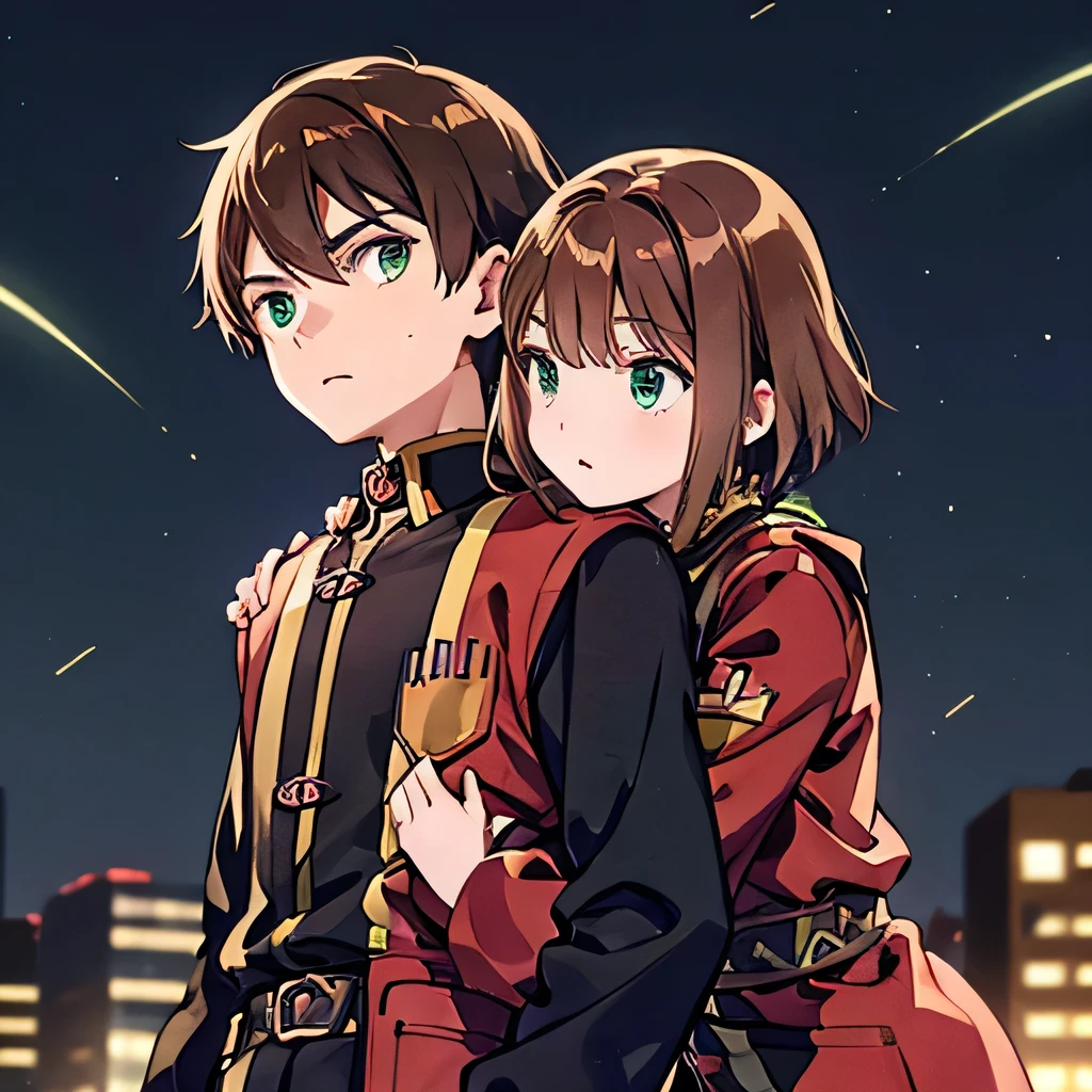 A girl with green eyes, short brown hair , red blouse with long sleeves, googles her hair, affectionately hugging a boy with short black hair, ojos marrones, lentes, red jacket with a night city behind them and shooting stars in the sky, sice difference 