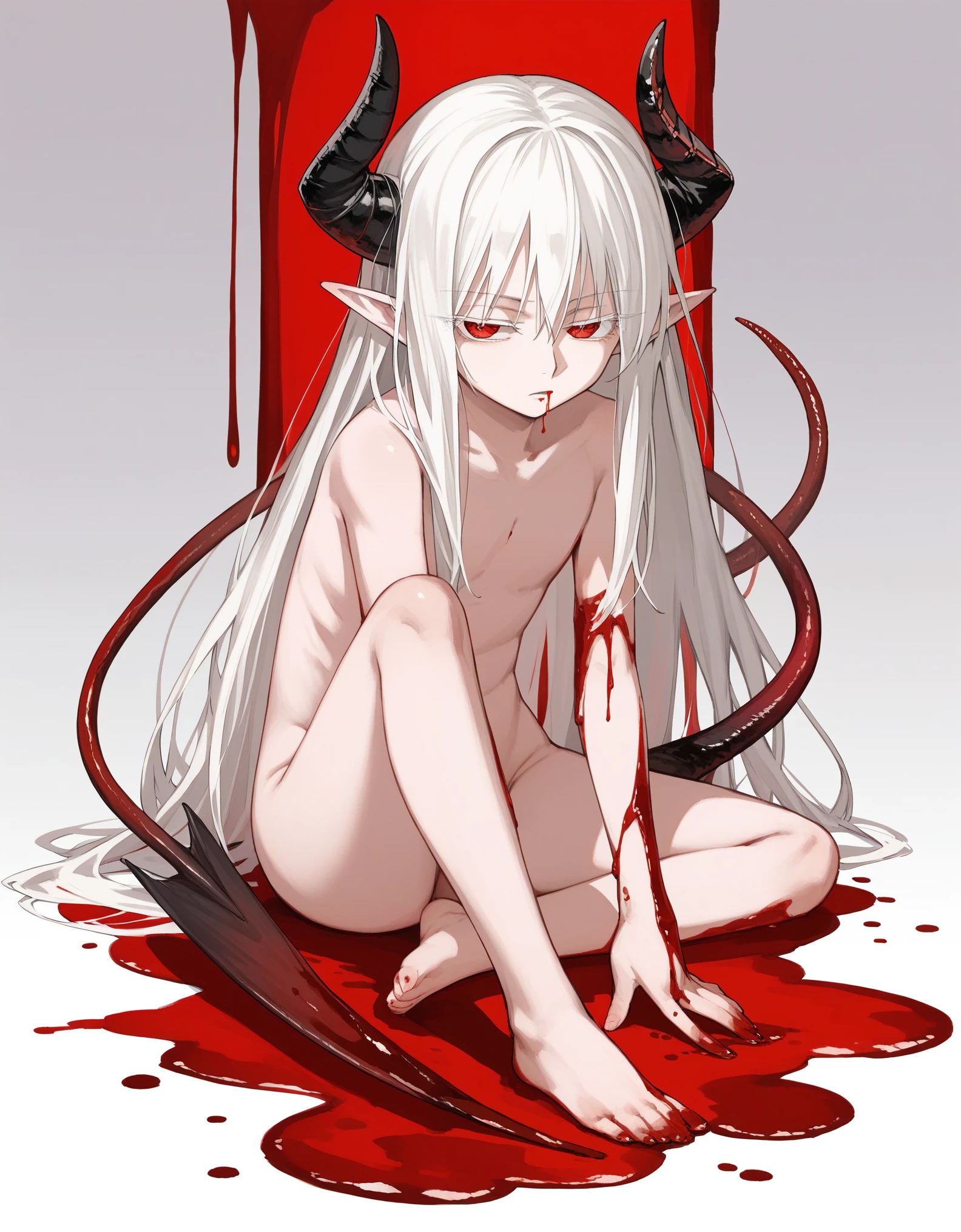 1girl, solo, (abyss, magma, blood), full body, close to viewer, Gloomy painting style, grotesque blood background, 
Anime Girls, (naked, hair to cover one's skin), pale skin, albino, white long hair, (red body crest, devil horn, devil arm), half closed eyes, elf ear, red eye, Barefoot
Score_9,Score_8,score_7_up,source_anime, rating_questionable,