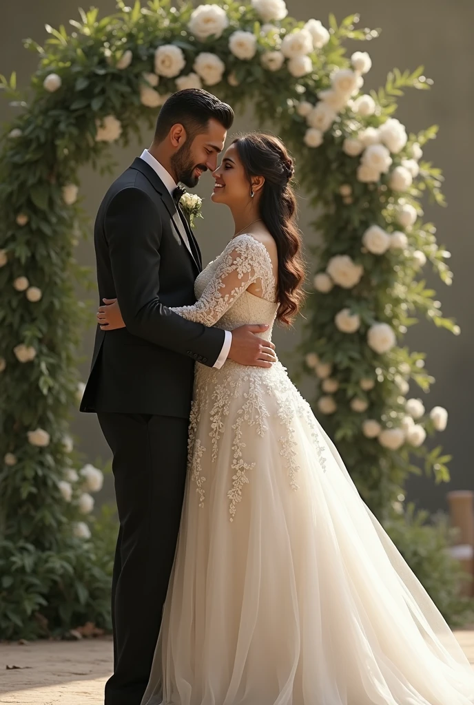 A touching moment captured on the wedding day of a brave policeman and his beautiful bride. The policeman , dressed in his pristine uniform, stands tall with a confident smile. His bride, adorned in an exquisite wedding dress, looks into his eyes with love and joy. The bride holds a bouquet of vibrant flowers, complementing the colorful scene. The venue is a picturesque garden, filled with blooming roses and lush greenery. Soft sunlight filters through the trees, casting a warm glow on the couple. The atmosphere is filled with happiness and anticipation, as friends and family gather to witness their union. A professional photographer captures this precious moment, freezing it in time. The style of the image is a classic wedding photography, shot with a full-frame DSLR camera using a prime lens to capture the details and emotions perfectly.