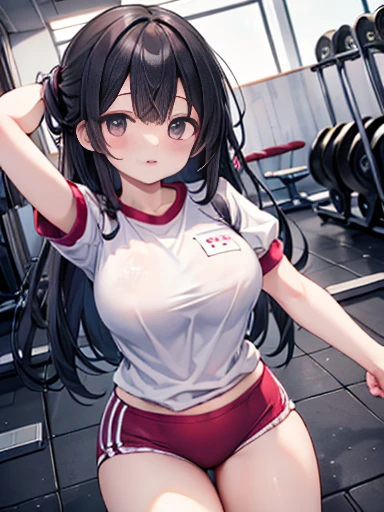 1 young girl, jyojifuku, white shirt, short sleeves, gym uniform, red shorts,