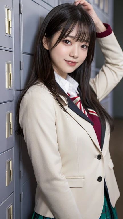 masterpiece, best quality, illustration, Super detailed, fine details, High resolution, 8K,wall paper, perfect dynamic composition,(Details High quality, realistic depiction of eyes:1.3), Upper body, front view, locker room、Leaning against a locker, Raise your arms above your head., High school girl uniform、blazer 、Colossal tits、Disturbed uniform, straight hair, black hair color, huge breasts, Big Natural Color Lip, crying a little、Harajuku style、20 year old girl, little smile