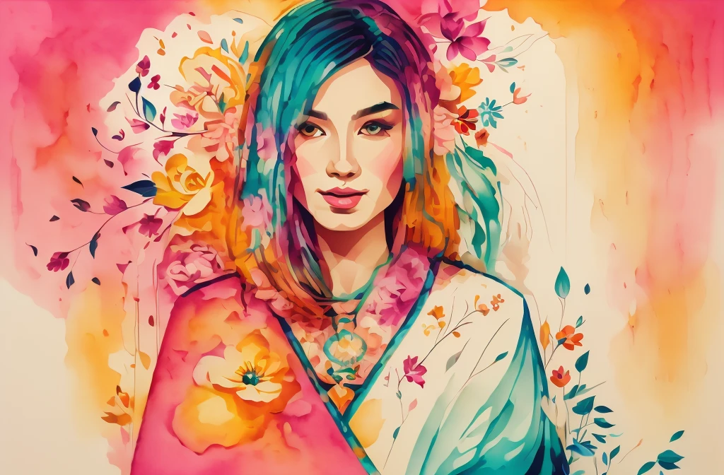 Stylized portrait of a woman with long hair, adorned with a floral crown, set against a vibrant background of colorful floral patterns and geometric shapes, conveying a sense of beauty and serenity in a whimsical artistic style.


