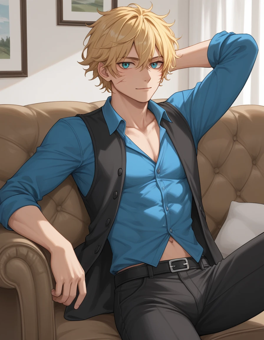 A slim, blonde man in his 20s(Blonde Hair、Thin eyebrows、Burn scar on left eye、Short Wavy Hair、Dark Eyes、Gentle eyes、Blue shirt、Black vest、Black skinny pants)、Lying on a big sofa
