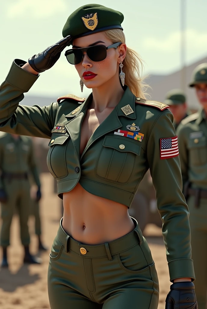 Elizabeth Olsen wearing a belly button exposing military outfit,