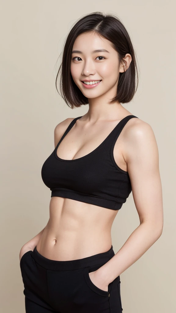woman, look at viewer, oval face shape, portrait, long shot, full body, top to toe, black polyester underwired bra, medium breast, round shape breast, slender abs, white background, simple background
