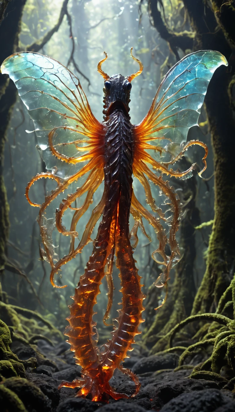 full body photo, colossal scaled translucent natural tendril-laden life form, octopod armless, flippers, bifurcated-tailed, long-tailed, iridescent skin,    demonic wings, Made_of_pieces_broken_glass,  ral-lava, swamp 
absurdres, masterpiece, award-winning photography, Volumetric lighting, extremely detailed, highest quality photo, RAW photo, 16k resolution, Fujifilm XT3, sharp focus, realistic texture