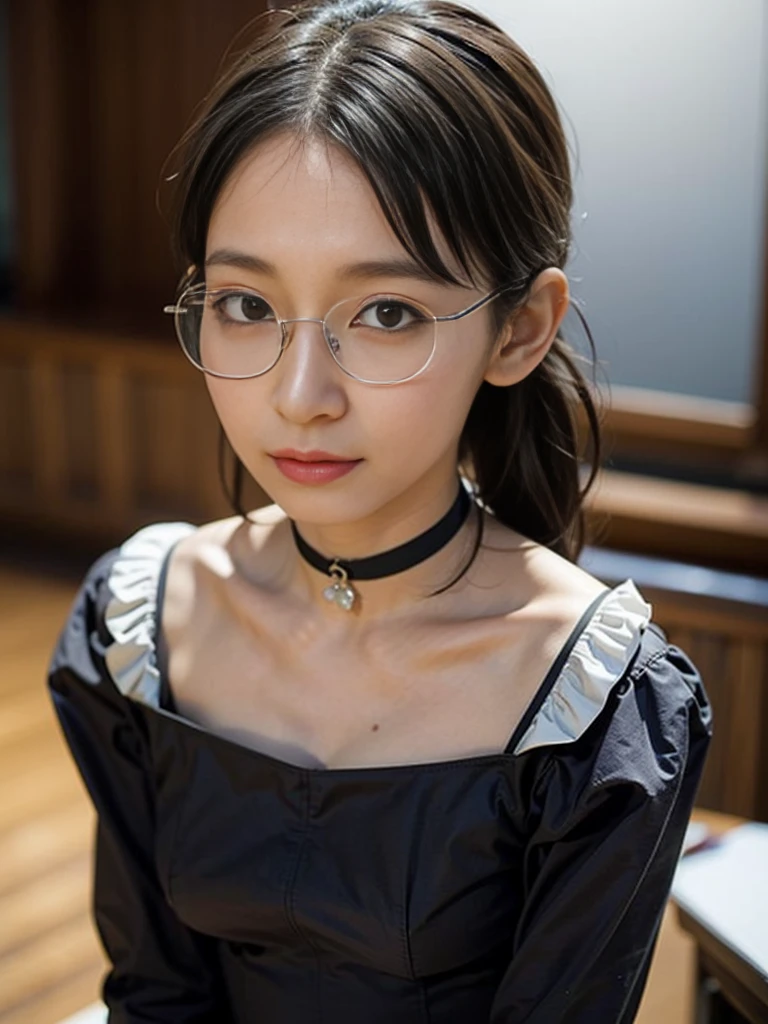 (Masterpiece, best quality, captures a super cute moment, depth of field, ultra detailed, ultra high resolution, C4D, Octadale, 3D modeling, 8k, 16k, one girls,a high schooll-breasts,black-hair,short-hair,straight haired,Light brown eyes, horseshoe-shaped hairband,wearing black glasses,cute face)
, Girls children , Portrait , layered skirts,noble,opulent,cropped shoulders,Lace,picture frame,Portrait maniacs