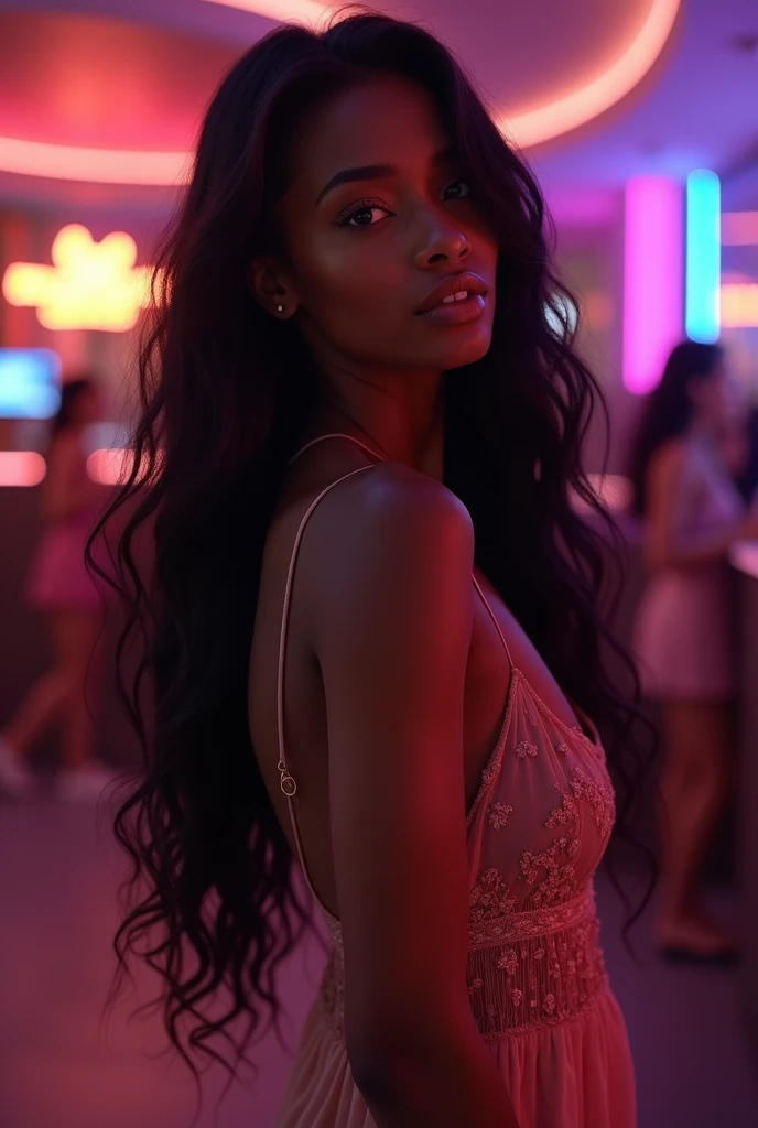 1girl, in laboratory, (18 years old), (Latina), dark skin, wide shot, long wavy hair, orgasm, (white dress), (Masterpiece, Professional lighting, 16k, 8k wallpaper, raw photo, photorealistic:1.8, ultra detailed, natural lighting, detailed skin sexy pose, open mouth, big lips, view from above, night time, eyes closed, magic energy, neon light
