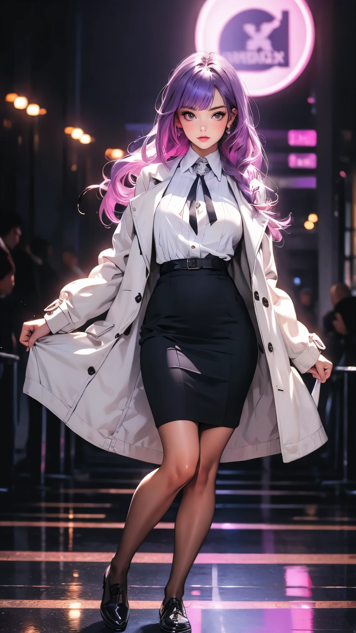 ((Masterpiece)), envision a 8k, highres, cinematic, extremely beautiful semi realistic full body pinup of a strong mature lady with a slender body, purple hair, side locks, strong face, slender face, long sweeping bangs, green eyes, soft lips, lip gloss, thick eyebrows, round face, white shirt, black tie, horns, trench coat, pencil skirt, pantyhose, shoes, ((((1girl)))), in dark lighting, against a dark gray background