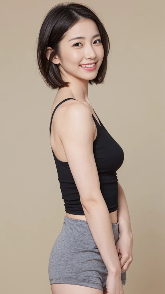 highest quality,masterpiece,Ultra-high resolution,Original photo,Ultra-high resolution,single beautiful eyes、Pregnant girl:1.5,Slender body,Black straight long dress,whole body,high waist,Flashy makeup using red eyeshadow,Big smile,Short cut with side waves,whole body,Gray background,横向きのwhole bodyの写真、Beautiful D-line of pregnant women、High heels on your feet、Gray photo。Black and White、Retro、Adorable belly close-up photo。