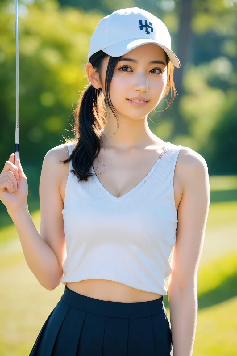 ８K、High definition、Ultra Detail、Photorealistic、Realistic and accurate depiction、Realistic and accurate human ???????、High resolution、Highest quality、Beautiful Japanese woman in golf wear, Detailed body, Live Action、beautiful girl golfer、cute、clear、The ultimate beautiful girl、Perfect Body Shape、Beautiful breasts、、Perfect Skin、Charm、Active、Black Hair、Japanese female professional golfers、cuteゴルフウェア