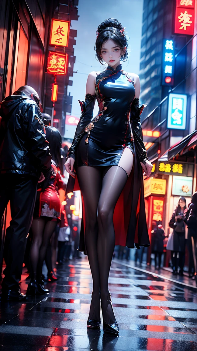 masterpiece,best quality,high resolution, 1 Girl,From below,(The legs are very thin and straight)，,(Very long legs，Straight Legs),,High heel,Long Law,stand up, From the front，Very long legs女人身体定义粗大腿控制论身体部位, Thong， Perfect body,Have perfect legs,(Exterior)，Full Body Love，Cyberpunk characters，Dynamic poses，1 Girl，Exquisite eyes，Brown eyes，Eyeshadow，make up，White hair， Detailed face， Delicate eyes， Looking at the audience， Blush\（make up\）， Full lips， Red lips，（White hair：1.3）， （stand up）Mechanical static，Mechanical Summoning，(Hair accessories:1.1)，Headgear，Chinese clothing，On Cheongsam，(black，Stocking straps)，Network Hanfu，White Coat，City，Luminous winding，Glowing Butterfly，Cyberpunk Lights:1.1)，Neon，Full of mechanical and futuristic elements，technology，背景是中国传统street，Chinatown， street， sky sky， Cyberpunk characters， paper lantern， Neon Super Resolution，（Reality：1.3），1（Slim：1.2），Dramatic Lighting，Vivid details，Luxury Cyberpunk，Complex background，Octane Rendering