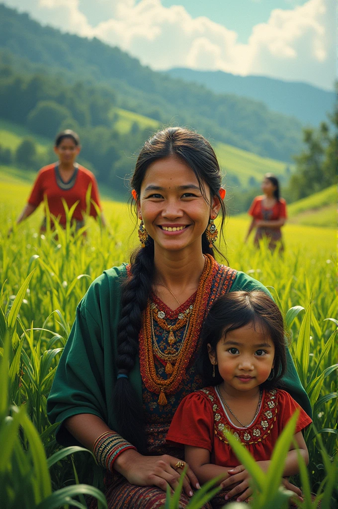 generate an image of resolution 1920px* 1080px portrait of a smiling young northeast india tribal woman carries her happy baby on her back standing in a grassland, HD, high quality