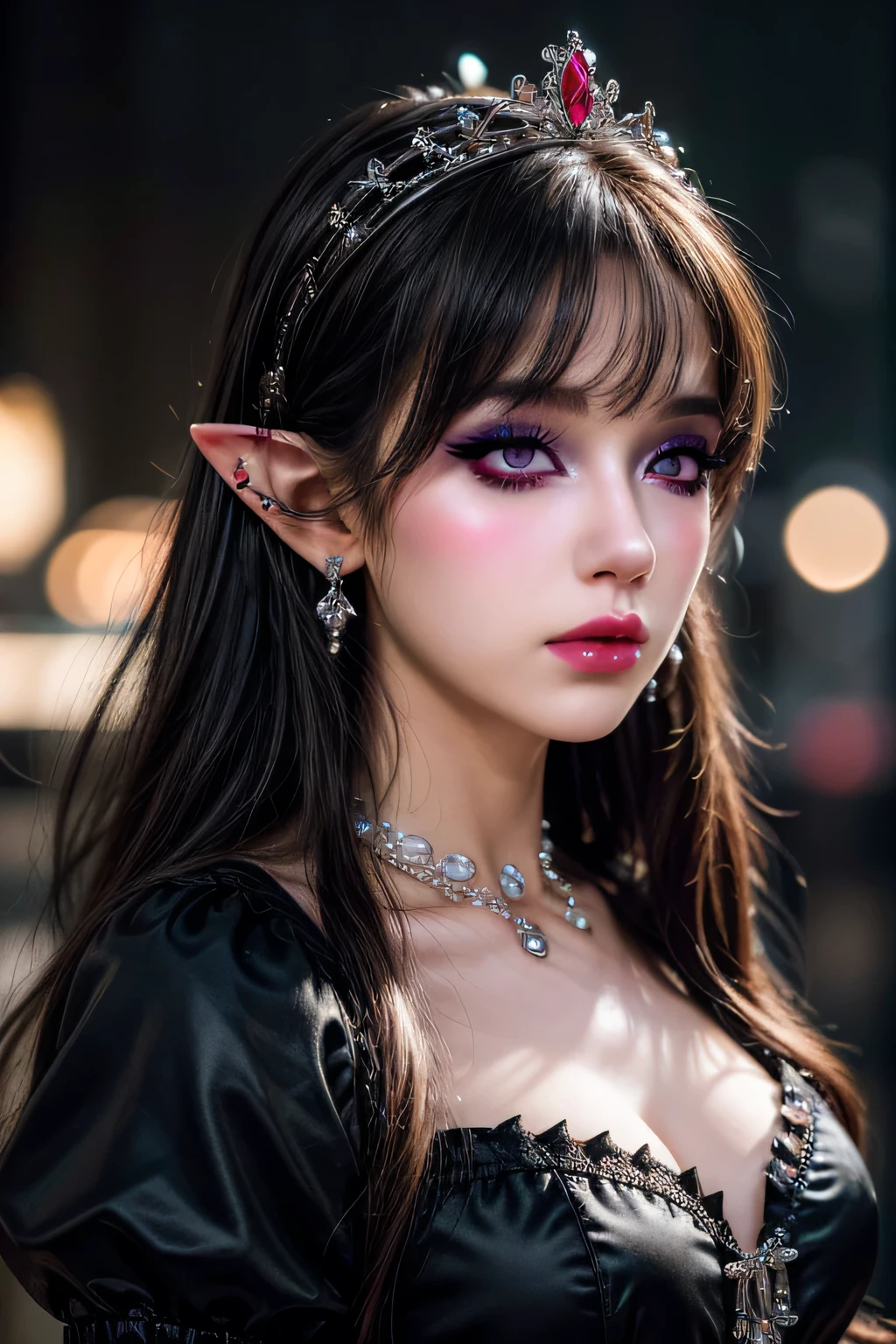 masterpiece,best quality,realistic,highres,Highly detailed,blurry background,1girl,((portrait)),close-up,bangs,elf,elf ear,crystal earrings,((crown)),crystal crown,(black dress),(juliet sleeves),corset,red_bow,collar,((night)),fluorescent plant,neon lights,