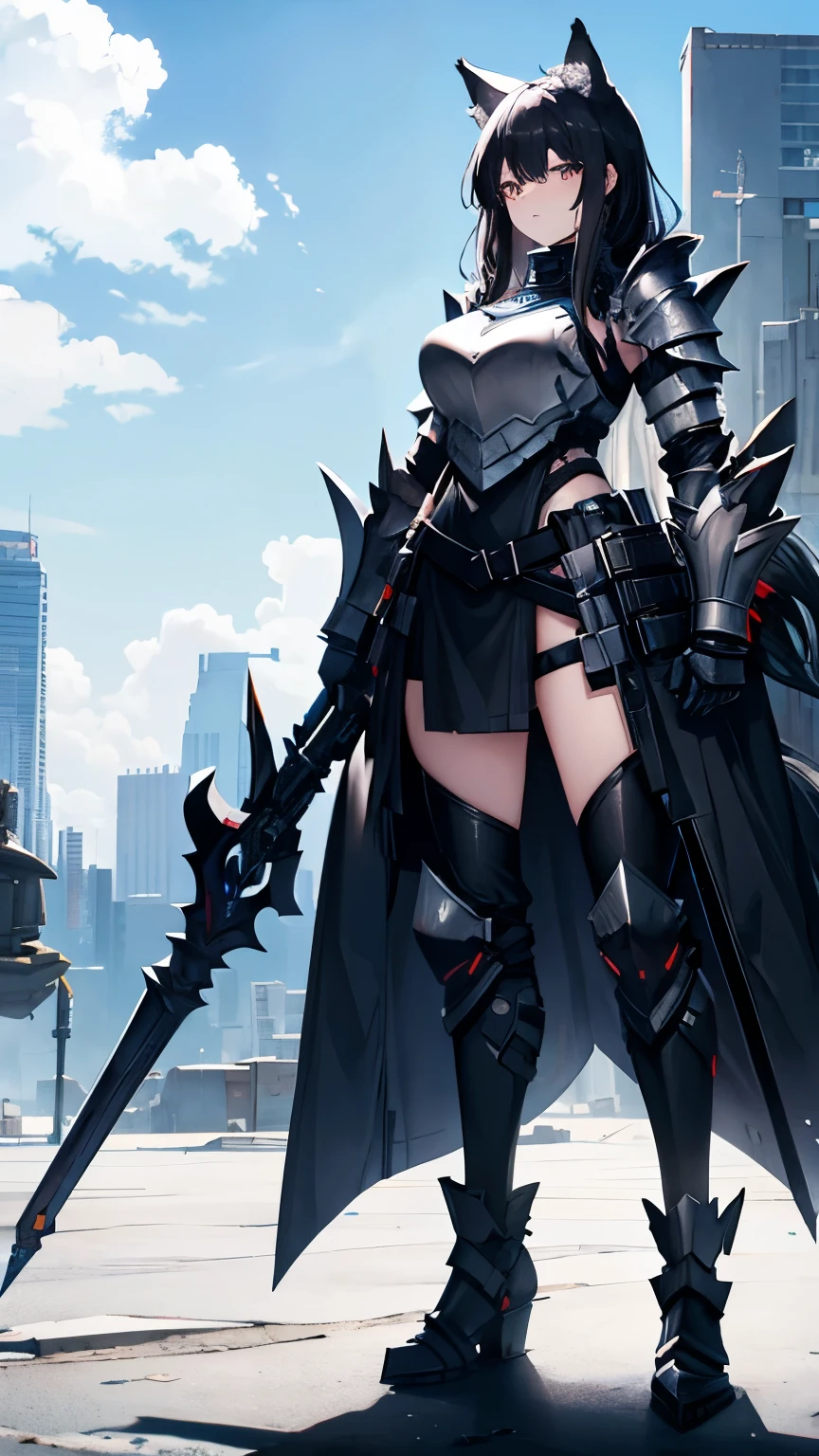 anime girl avec épée dans un décor de ville futuriste, 2 b, 2B, film still of 2B Nier Automates, plus inspiré, nier : automates inspirés, plus de formes, yeux rouge, une épée
