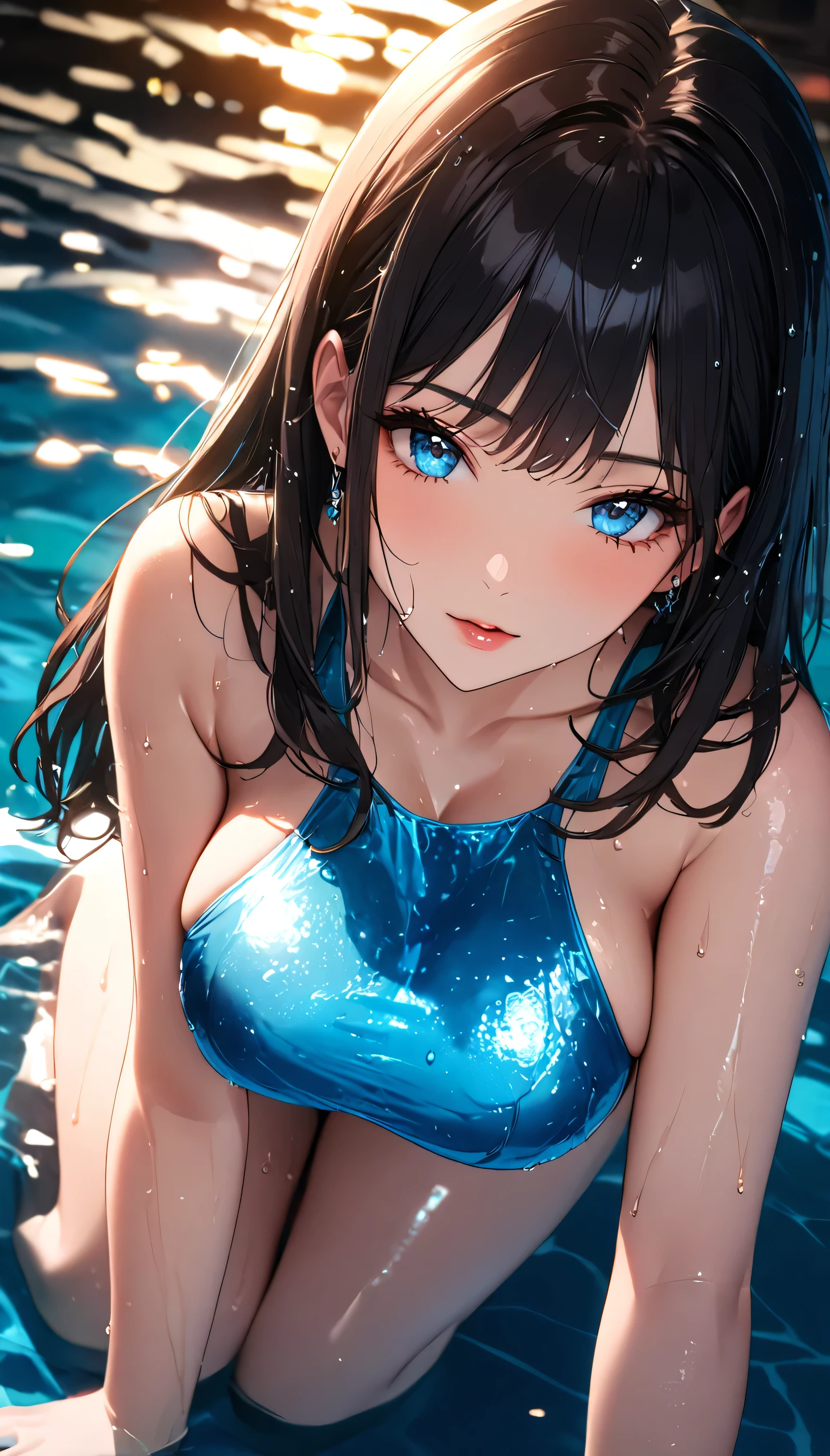 (beautiful girl: 1.3),1girl,masterpiece, Highest quality, Ultra-high resolution,rich contrast,super high quality,8k,Highly detailed CG unit wallpaper,texture,Incredibly absurd,Ultra-high resolution,RAW Photos,Depth of Field 1.2,(Black Hair,Straight Hair),Ultra-detailed eyes,Glowing Skin,(((wet))),Glitter effect,Beautiful glossy lips,(Insane breasts:1.3),Pool at night,(((She is swimming comfortably in her natural state.))),(In deep water:1.5),On all fours,Big round ass,(overhead shot:1.5)