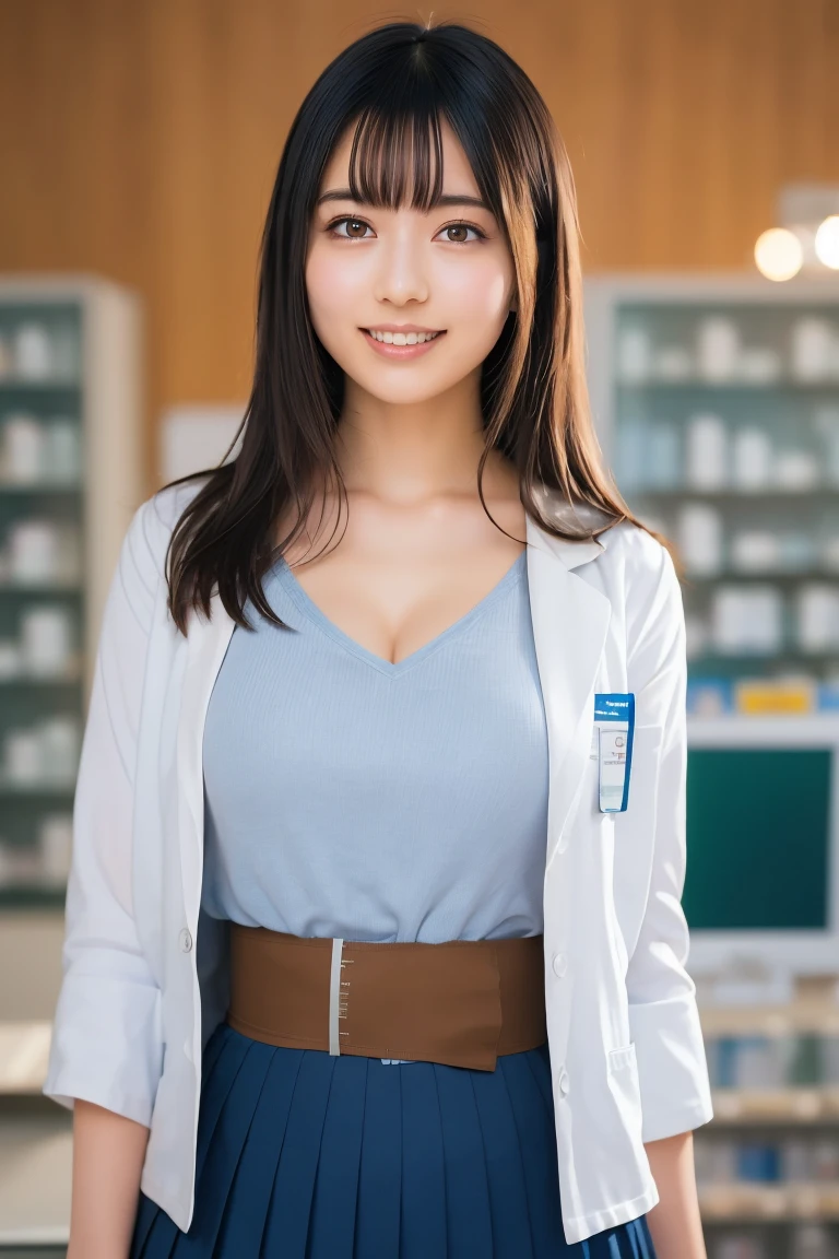 ((top-quality、masutepiece、8K、Top image quality、Hyper-Realism、SFW))、(1 photo:1.2)、1 woman wearing a white coat、Women Scientist、standing in a university laboratory、(detailed medicine cabinet:1.3)、perfect anatomia、shirt and white coat、cleavage of the breast、Look at me and smile、cowboy shot、long、Bright lighting、The most detailed and complex laboratory background