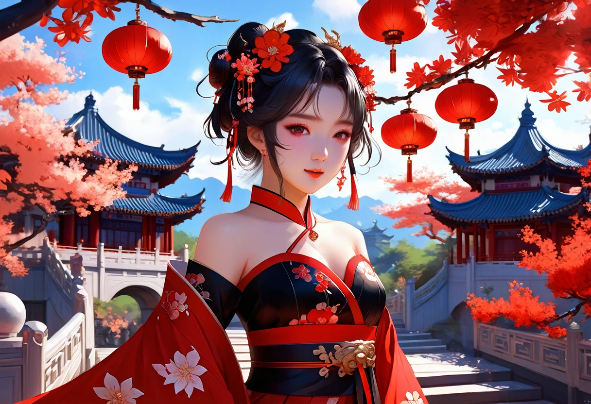 anime girl in a red and black dress with red flowers in her hair, artwork in the style of guweiz, guweiz, chinese girl, trending on cgstation, cute anime waifu in a nice dress, guweiz on pixiv artstation, palace ， a girl in hanfu, beautiful digital artwork, guweiz on artstation pixiv