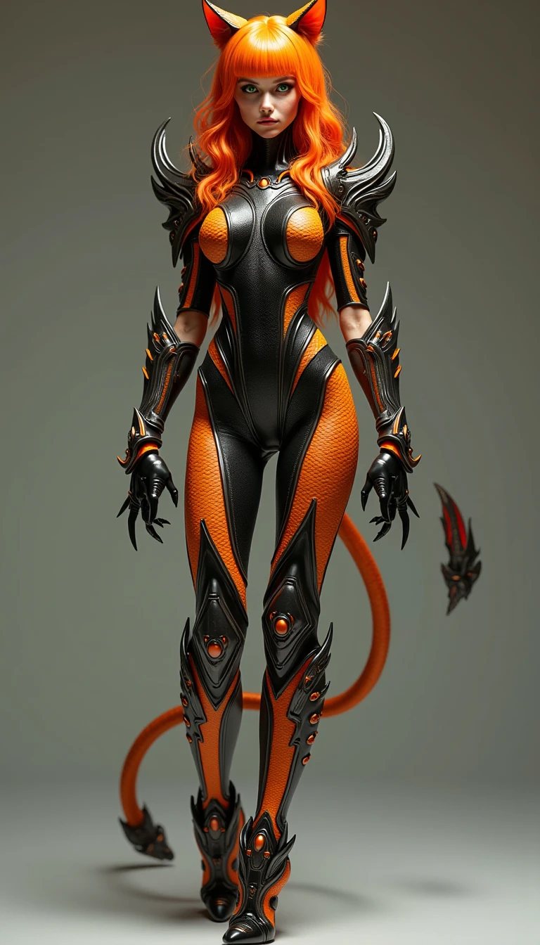 Female character, front and back view, reptile style monster, valorant style, reptile mask that fully covers face, robotic spine and sci-fi elements on the body