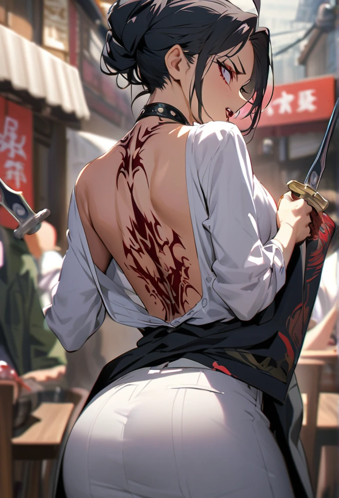 Stick Fighter, Chinese women, 22 years old, Sensual, Disheveled Hair, Expressing agility,whole body,Looking back, Tattoo on back, Upper body naked, Beautiful spine,