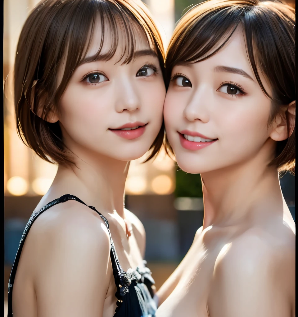 Best Quality、8k、masterpiece、Ultra-high resolution、クリアなphotograph、リアルなphotograph、Realistic、Professional Lighting、photograph、Very cute３people、(Bian、same-sex love、Love One Another)、White skin、(Very short hair:1.6)、Brown Hair、(Small breasts、Flat Chest)、Big erect nipples、Exquisite appearance、(Affectionate３people:1.8、{{kissu３people:1.8、Embrace each other:1.8、Put your lips on it:1.6)、Detailed Background、３peopleアイドルグループのメンバー:1.6、(Wearing white underwear:1.8、Small underwear、See-through underwear)、全身photograph、(Expressions of joy、)
