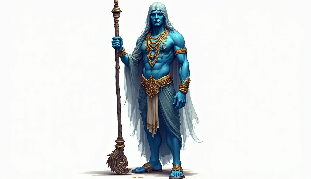 A breathtaking cinematic 16:9 widescreen portrait of Rama, the seventh avatar of Vishnu and the epitome of dharma from the Ramayana epic. Rama stands majestically in the center of the horizontal composition, shown in full-length from head to toe, occupying the middle third of the frame. His entire figure is visible, showcasing his noble posture and divine appearance. He appears as a regal Indian prince with smooth, blue-tinged skin symbolizing his divine nature, and long, black hair styled in a high jata-mukuta (matted hair crown). Rama wears a richly embroidered full-length yellow dhoti with a red silk scarf draped over his shoulders, adorned with intricate gold jewelry including a crown, necklaces, armlets, and anklets. His expression is serene and determined, embodying righteousness and strength. He holds his iconic bow, Kodanda, in his left hand and an arrow in his right, both at waist level. The wide aspect ratio allows for a panoramic view of a lush forest scene with ancient trees and a distant mountain on either side, while keeping Rama's full figure as the clear focal point. Soft, divine light surrounds him, emphasizing his godly aura from head to toe. The image style combines realistic details with the elegant aesthetics of classical Indian paintings, using a harmonious color palette dominated by blues, greens, and golds to create a visually stunning composition that captures Rama's full majesty. The scene evokes the period of his exile, blending the beauty of nature with his regal bearing