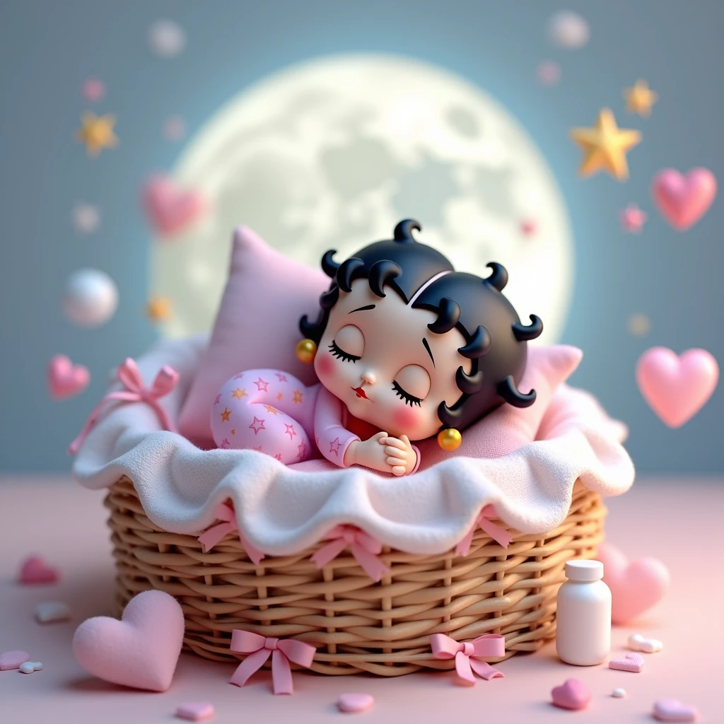Baby black, only with diaper, black rounded eyes, leaning against a silvery white cushion, holding a brush, in the background the planet Earth with galactic background